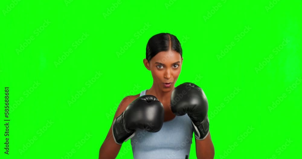 Green screen, face and boxing woman punching in fitness, exercise or training for competition, challenge and fight. Portrait, boxer and sports athlete in hitting workout on isolated mockup background Green screen, face and boxing woman punching in fitness, exercise or training for competition, challenge and fight. Portrait, boxer and sports athlete in hitting workout on isolated mockup background