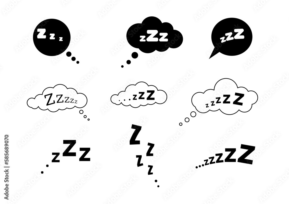 Zzz sleep snore text in speech bubbles vector icon set. Night sleepy noise sound collection illustration. Black signs isolated on white background. Zzz sleep snore text in speech bubbles vector icon set. Night sleepy noise sound collection illustration. Black signs isolated on white background.