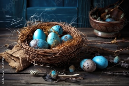 bird's nest filled with blue and white eggs. Generative AI photo