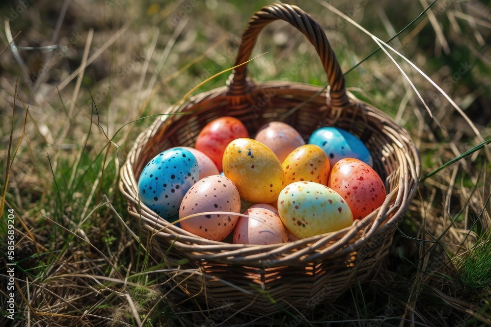 basket filled with vibrantly colored Easter eggs on a lush green grassy meadow. Generative AI basket filled with vibrantly colored Easter eggs on a lush green grassy meadow. Generative AI