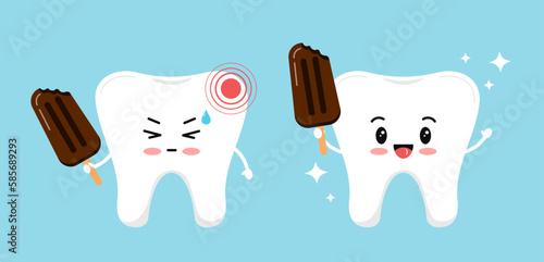 Sensitive tooth and healthy tooth before after treatment icon set. Teeth with pain and cold discomfort. Flat cartoon sad and happy character vector illustration. Dental health care image.