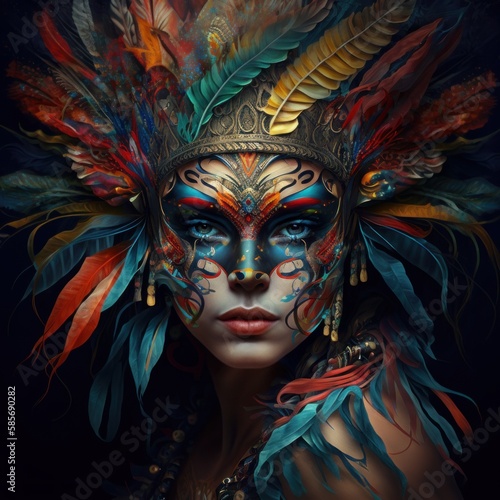 A Stunning Young Woman in a Stylish Carnival Mask. Generative AI