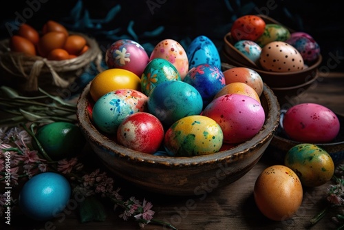 festive bowl filled with vibrant painted eggs. Generative AI