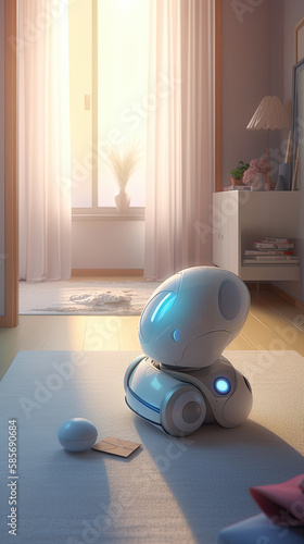 A futuristic robot cleans the floor. A modern innovation for the household. Generative AI content photo