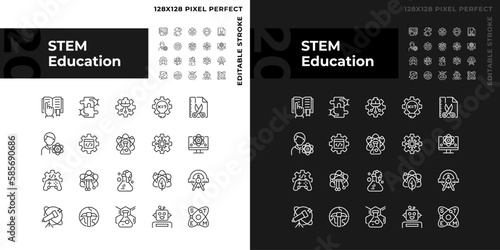 STEM education pixel perfect linear icons set for dark, light mode. Computing technology. Students development. Thin line symbols for night, day theme. Isolated illustrations. Editable stroke
