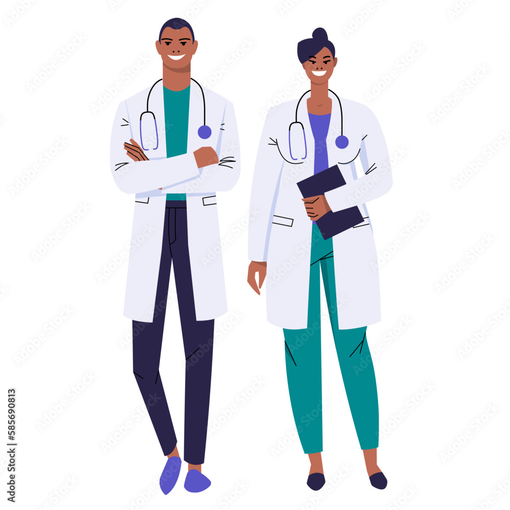 A pair of dark-skinned doctors in white coats. The male doctor folded his hands. Female doctor holding a clipboard in her hand. Smiling medical workers with stethoscope. Flat vector isolated on white. A pair of dark-skinned doctors in white coats. The male doctor folded his hands. Female doctor holding a clipboard in her hand. Smiling medical workers with stethoscope. Flat vector isolated on white.