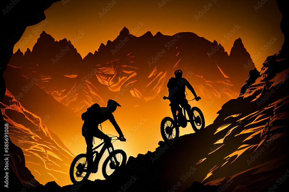 Silhouettes of Athletes Mountain Biking on a Trail with Mountain Range in the Background. AI Generated Silhouettes of Athletes Mountain Biking on a Trail with Mountain Range in the Background. AI Generated