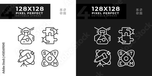 STEM impact on education pixel perfect linear icons set for dark, light mode. Innovative technology of research. Thin line symbols for night, day theme. Isolated illustrations. Editable stroke