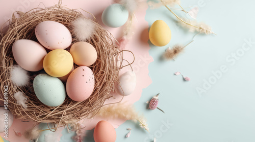 Poster and banner template with eggs in the nest on light background. Greetings and presents for Easter Day in flat lay styling. Promotion and shopping template for Easter. Generative AI content