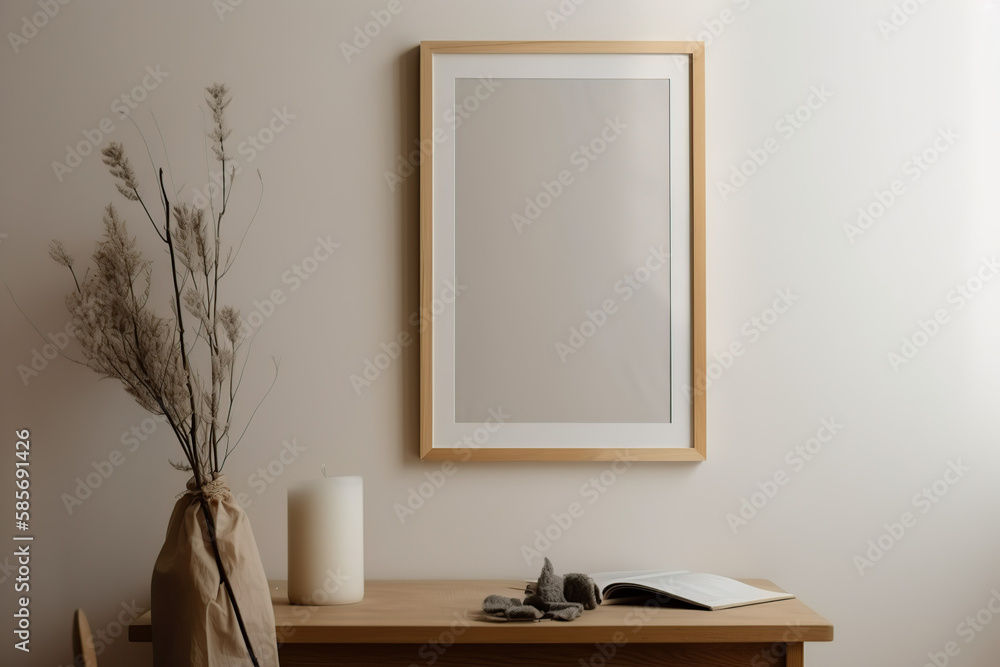 View of wooden Frame with Poster Mockup standing on the white background, cozy, warm, generative AI View of wooden Frame with Poster Mockup standing on the white background, cozy, warm, generative AI