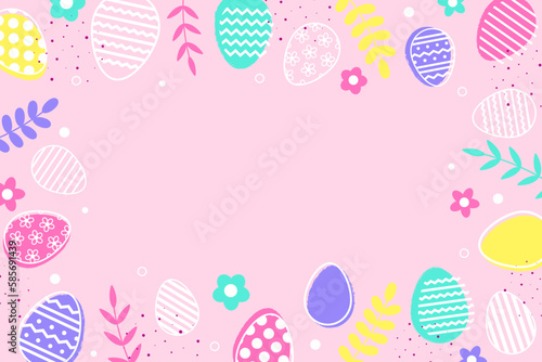 Colourful Easter eggs and flowers on pink background. Modern design. Vector illustration
