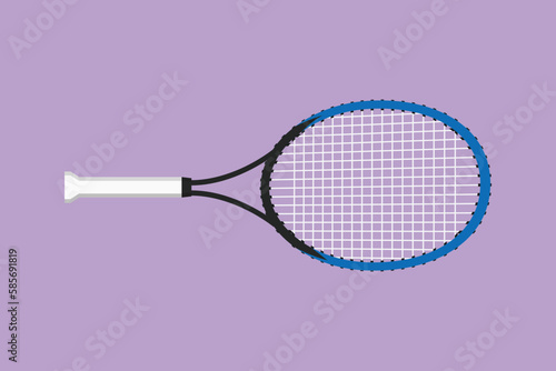 Graphic flat design drawing tennis racket logotype label template symbol. Tennis gear for game. Tennis court sport. Tennis as sport, hobby, classes. Outdoor activity. Cartoon style vector illustration