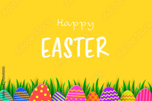 Easter egg hunt concept. Greeting card in paper cut style with easter eggs in the spring grass. Vector illustration