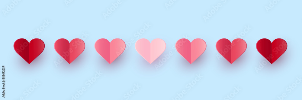 Paper cut hearts banner. Symbols of love for Valentine’s Day, Mother’s Day and Women’s Day. Banner. Vector illustration