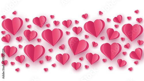 Floating hearts on white background. Paper cut decorations. Design for Valentine’s Day, Mother’s Day and Women’s Day. Vector illustration
