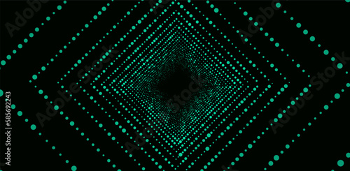 Abstract dynamic green wireframe tunnel on dark background. Deep wave wormhole. Futuristic particle flow. Vector illustration.