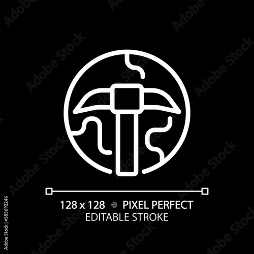 STEM in geology pixel perfect white linear icon for dark theme. Mineral deposits searching. Ore extraction technology. Thin line illustration. Isolated symbol for night mode. Editable stroke