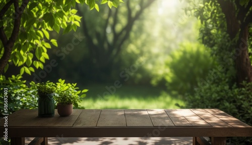 Empty wooden table in natural green garden outdoor. Product placement with sunday light, Generate Ai