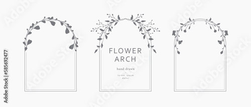 Arched frames with flowers and leaves. Collection of vector templates with floral silhouette. Botanical illustration for label, wedding invitation, save the date, design, logo, monogram