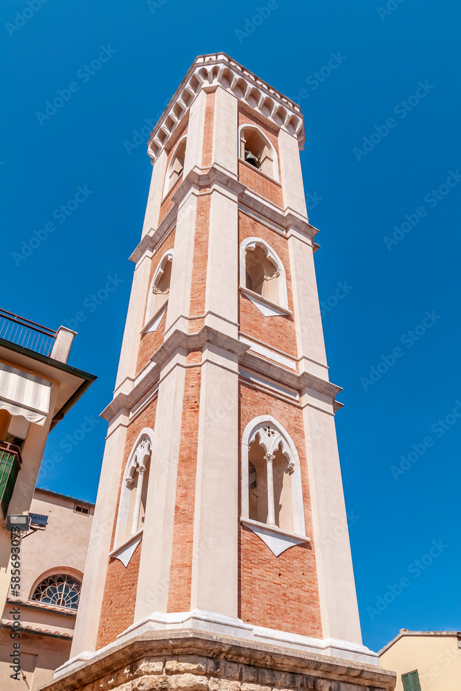 The leaning bell tower of the church of San Giovanni Evangelista in the historic center of Ponsacco, Pisa, Italy