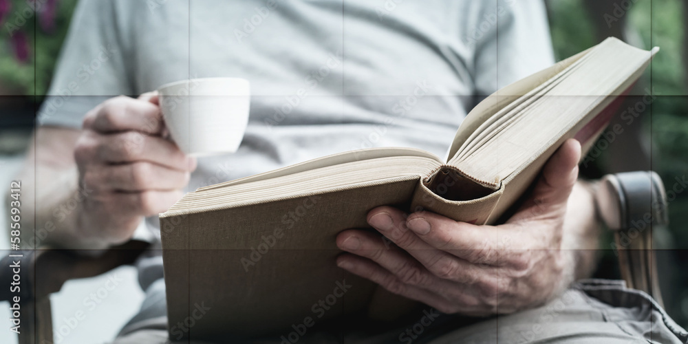Obraz premium Man reading a book outdoor, geometric pattern