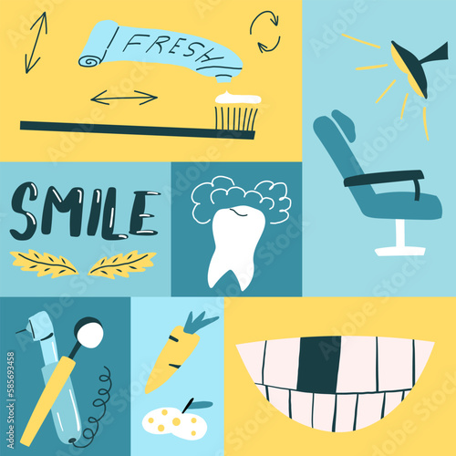 Banner or postcard with set of hand drawn objects for dental clinic or educational materials, mobile app, website.
