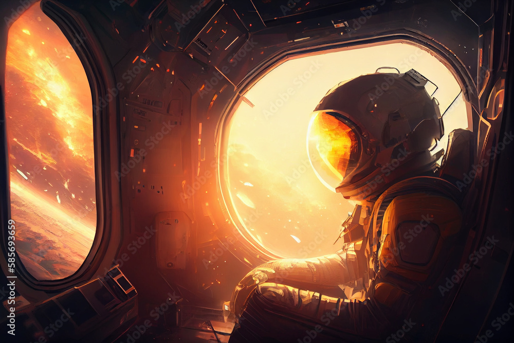 An astronaut in a spacesuit sits at the porthole in a spaceship. AI genarated An astronaut in a spacesuit sits at the porthole in a spaceship. AI genarated