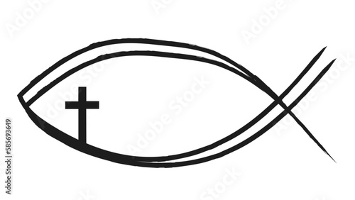 Black Chrsistian christianity eucharistic fisch symbol logo emblem with cross, isolated on white background