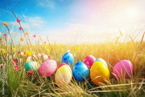 colorful Easter eggs hidden in green grass. Generative AI