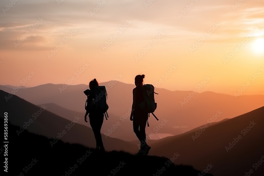 A silhouette of 2 person hiking at sunset, generative ai