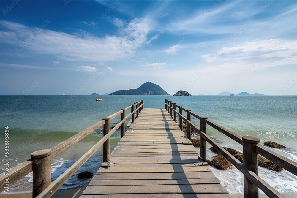 Fototapeta premium Wooden bride with mountains view, generative ai