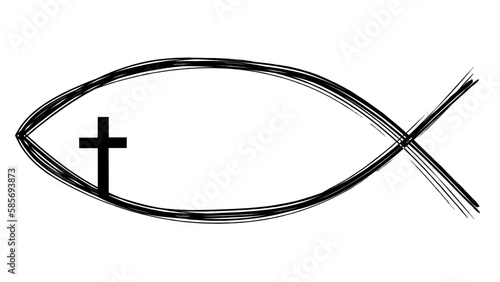 Black Chrsistian christianity eucharistic fisch symbol logo emblem with cross, isolated on white background