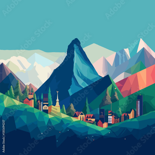 Fairy-tale landscape of a mountain village. Multi-colored mountains against the blue sky and stars