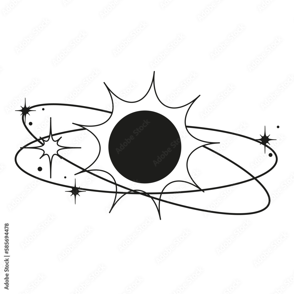Black sun with orbits and stars around. Abstract symbol for cosmetics, jewelry, logo, tattoo. linear style. Esoteric Black sun with orbits and stars around. Abstract symbol for cosmetics, jewelry, logo, tattoo. linear style. Esoteric