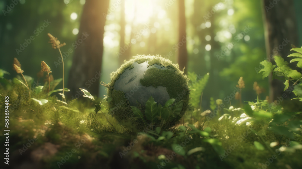 Earth Day concept. Earth in a forest. Generative AI Earth Day concept. Earth in a forest. Generative AI