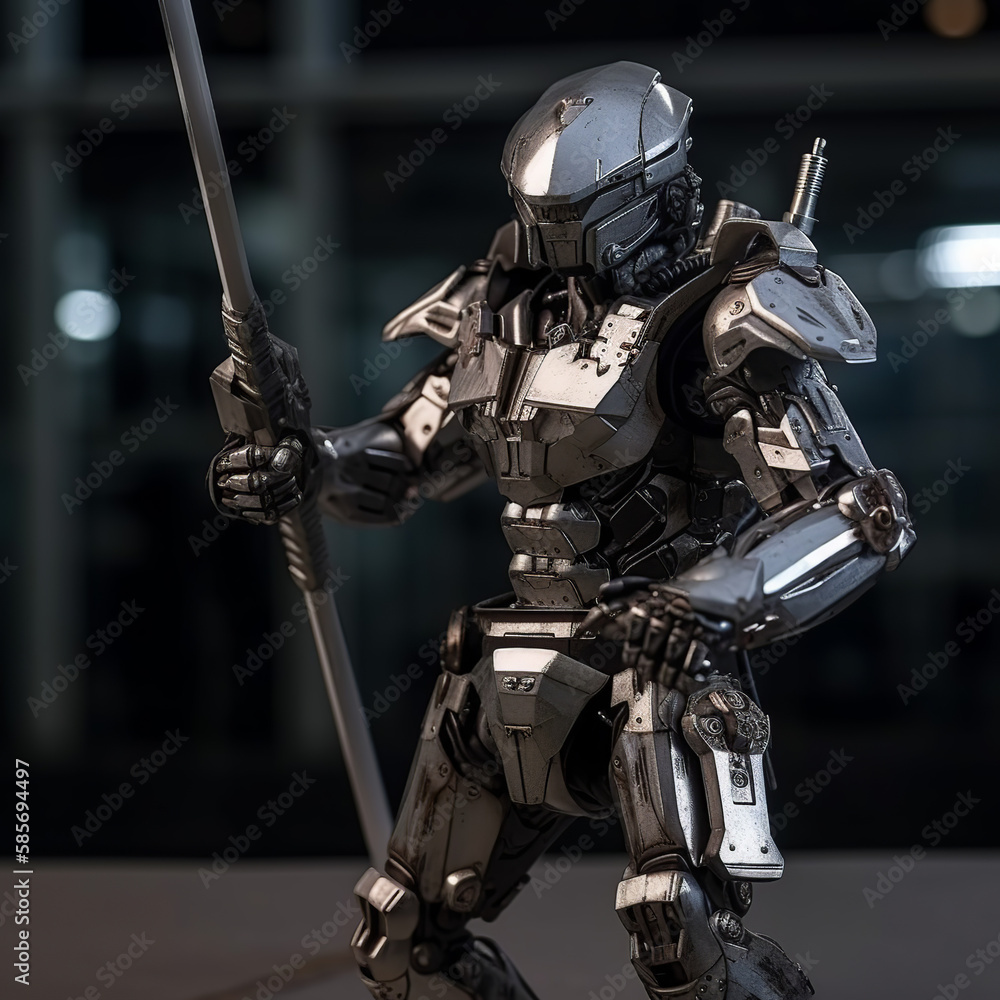 robot, soldier, warrior, 3d, cyborg, war, knight, android, woman, future, space, futuristic, military, army, toy, science, scifi, fantasy, fiction, gun, sword, armor, armour, helmet, generative ai