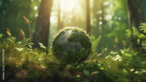 Earth Day concept. Earth in a forest. Generative AI