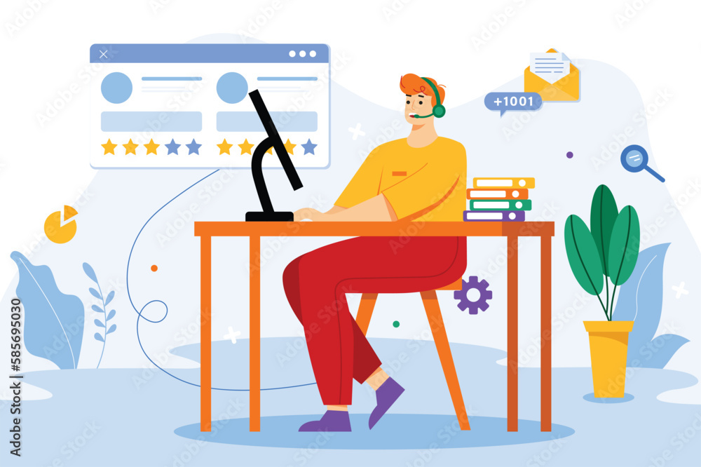 Call center color concept with people scene in the flat cartoon design. Employee of the call center responds to clients letters in which he answers their questions. Vector illustration. Call center color concept with people scene in the flat cartoon design. Employee of the call center responds to clients letters in which he answers their questions. Vector illustration.