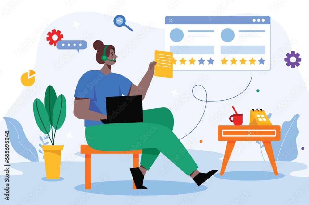 Call center color concept with people scene in the flat cartoon style. Woman work on the call center and answers the clients questions. Vector illustration. Call center color concept with people scene in the flat cartoon style. Woman work on the call center and answers the clients questions. Vector illustration.