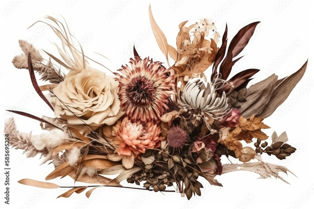 bouquet of dried flowers and leaves on a white background. Generative AI