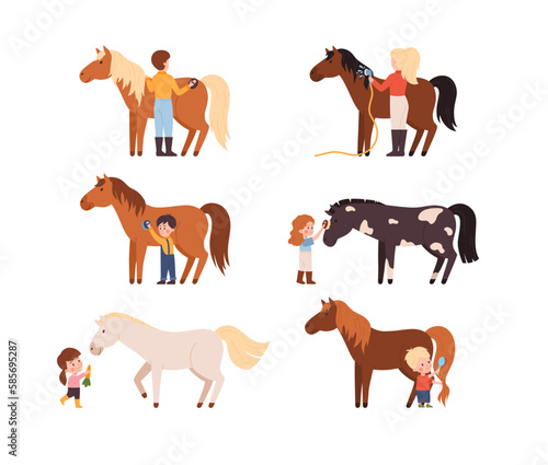 Cute children hug and take care of horses, flat vector illustration isolated.