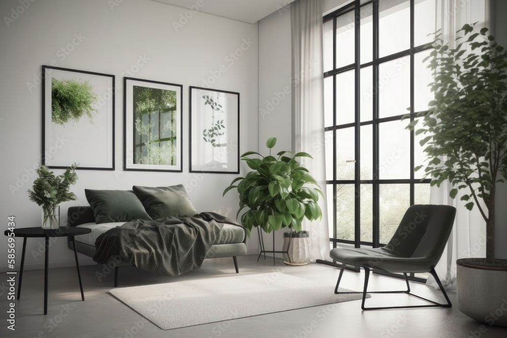 Fototapeta premium Minimalist living room with black frame mockup and lush green plants