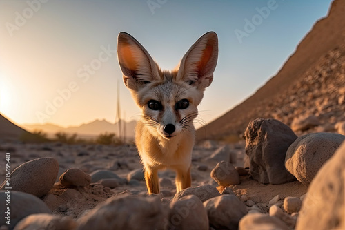 Fennec Fox. Vulpes zerda. Portrait of a desert fox posing in its natural habitat. Generative AI photo