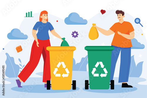Eco waste color concept with people scene in the flat cartoon style. Young couple sorts the waste to save the environmental. Vector illustration.