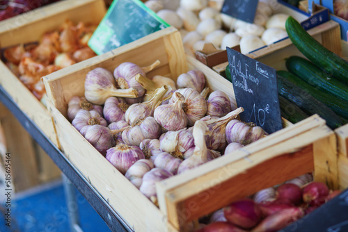 Large heap of fresh ripe organic garlic on farmer market in Cucuron, France