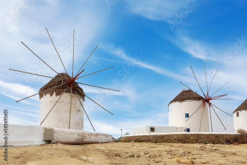 Mykonos, Greece, greek iconic windmill close-up background in famous island in Cyclades