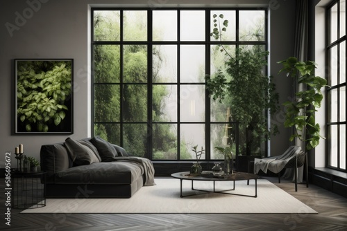Minimalist living room with black frame mockup and lush green plants © Georg Lösch
