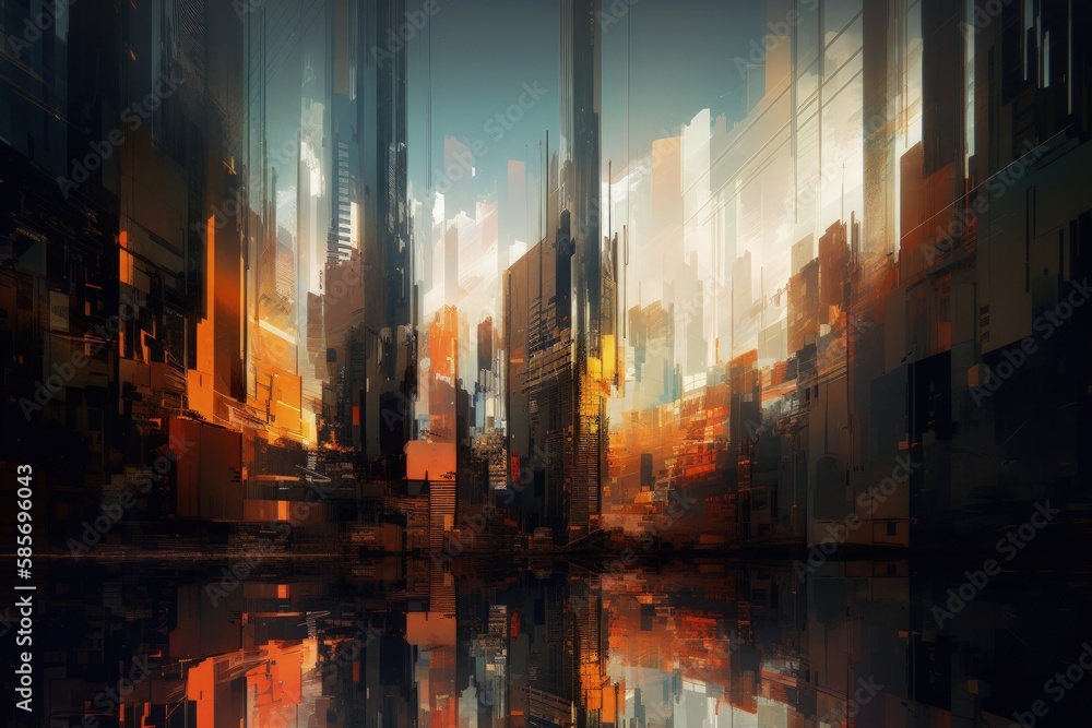 cityscape with buildings reflected in the water. Generative AI