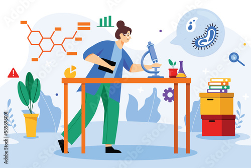 Science lab color concept with people scene in the flat cartoon design. Young scientist researches microorganisms and observes them under a microscope. Vector illustration.