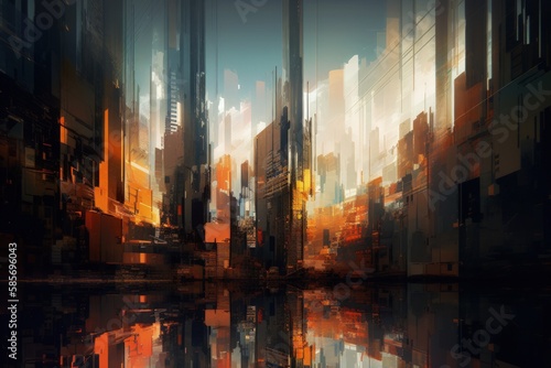 cityscape with buildings reflected in the water. Generative AI
